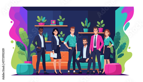 Diverse professional team smiling in a colorful modern office Business success and collaboration