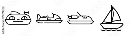 Set of stylized line drawings of various watercraft including hovercraft and sailboat