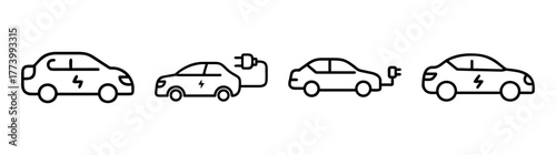 Set of four stylized hybrid car icons showing charging and power symbols for eco-friendly transport