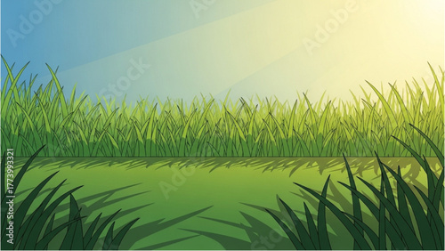 Idyllic vibrant green meadow bathed in warm sunlight under a clear azure sky, an inviting natural outdoor scene perfect for backgrounds