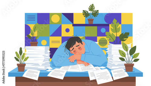 Tired worker resting on his desk overwhelmed by huge stacks of urgent paperwork