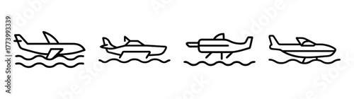 Set of stylized hydroplanes and boats on waves transportation icons for travel and watercraft concepts