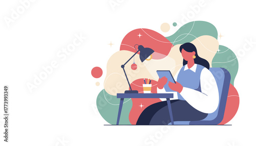 Focused woman working digitally at her desk during the holidays Freelance concept
