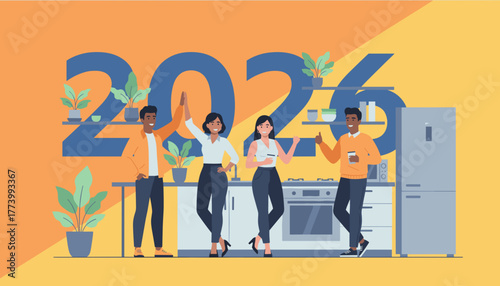 Team highfives celebrating goals in office kitchen against 2026 backdrop Business success concept
