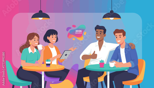 Diverse team meeting in a modern cafe discussing future plans and business strategy