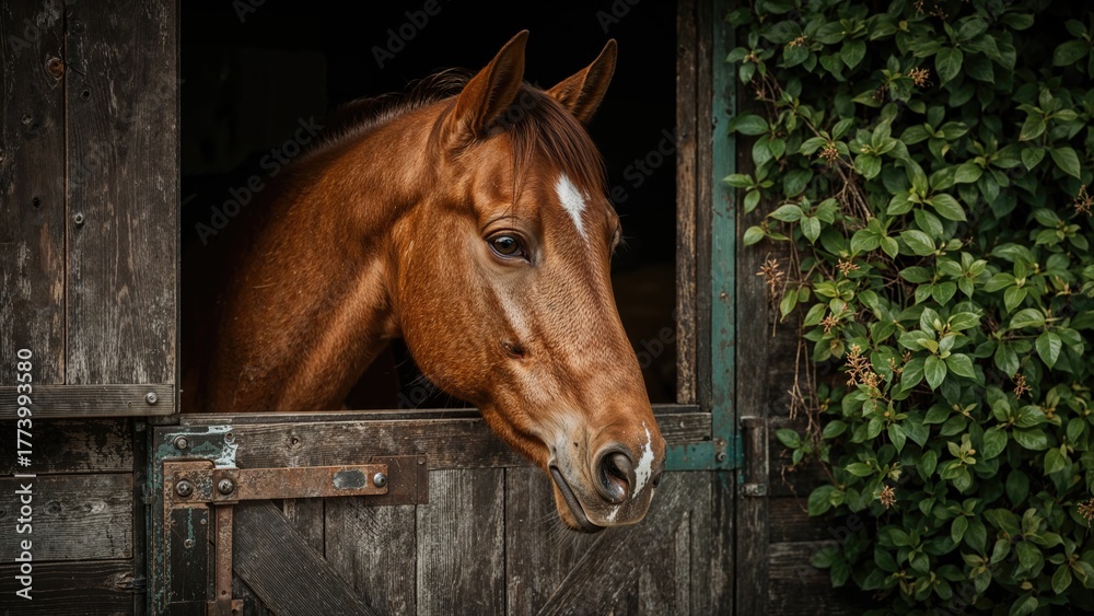Fototapeta premium A horse peeking out from a stable window with green foliage beside it.