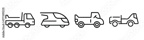 Set of simplified vehicle icons including trucks and a train for transportation concepts