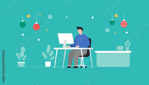 Man working on a desktop computer in a festive office balancing holiday cheer and business tasks
