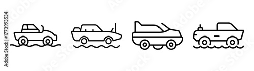 Four amphibious vehicles driving through water simple line art icons representing versatile transportation