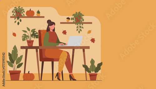 Remote work during autumn Woman using laptop in a cozy home office decorated with fall elements