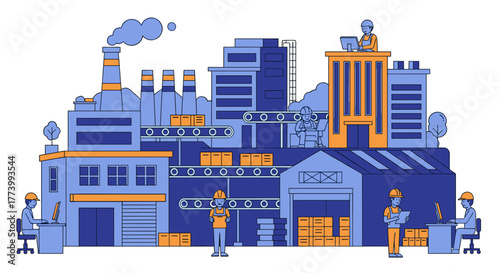Industrial factory complex illustration depicting manufacturing workers logistics and production