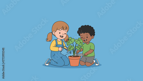 Happy diverse children watering and tending a potted plant illustrating teamwork and care