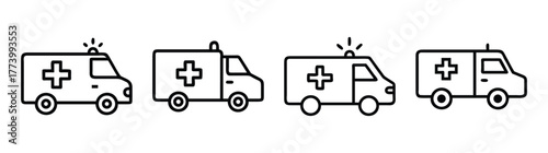 Simple line art icons of four different ambulances with medical cross symbol