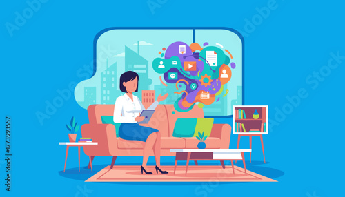 Businesswoman manages data and concepts via tablet in a modern office digital communication workflow