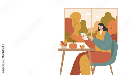 Woman controls smart device at home in autumn cozy interior scene with pumpkin decoration