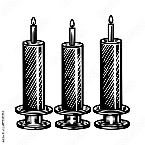 Three burning candles standing in a row isolated on white background in woodcut style illustration