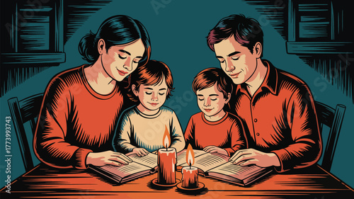A family reading books together under the light of candles on a wooden table at night illustration