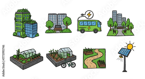 Sustainable city life: green architecture, urban farming, eco-friendly transport
