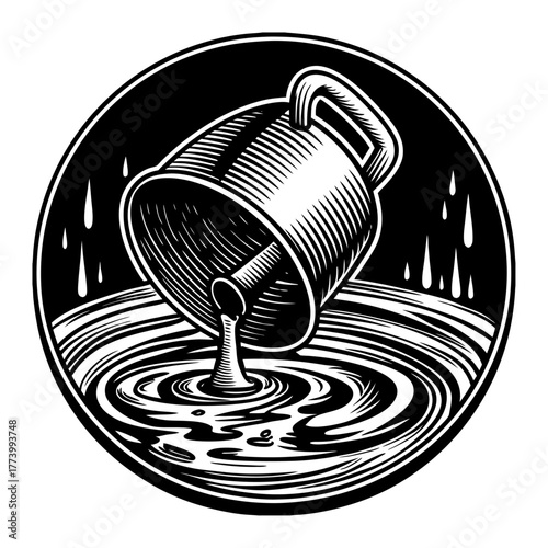 Water pitcher pouring water into a pool isolated on white background in woodcut style illustration