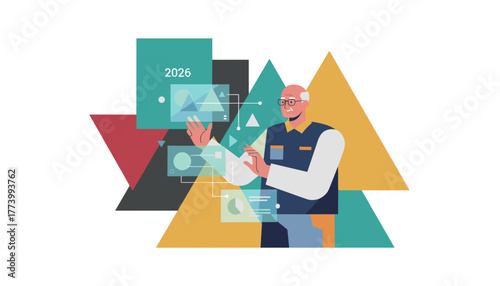 Senior businessman analyzes futuristic data charts for 2026 planning