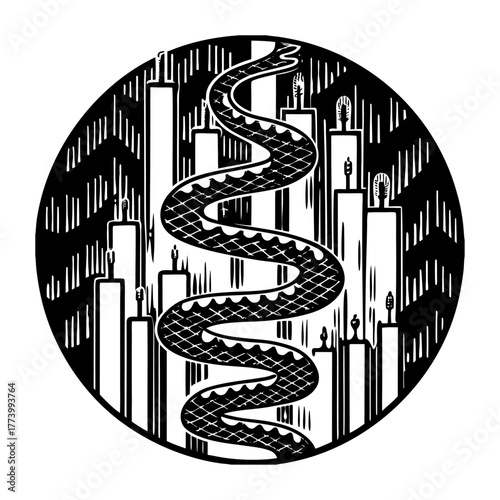 Snake winding through candles isolated on white background in woodcut style illustration