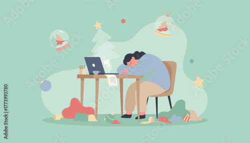 Burnout during the holidays Woman asleep at desk working late near laptop and Xmas decorations