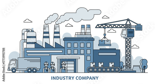 Line art illustration of industrial complex factory workers production crane and logistics