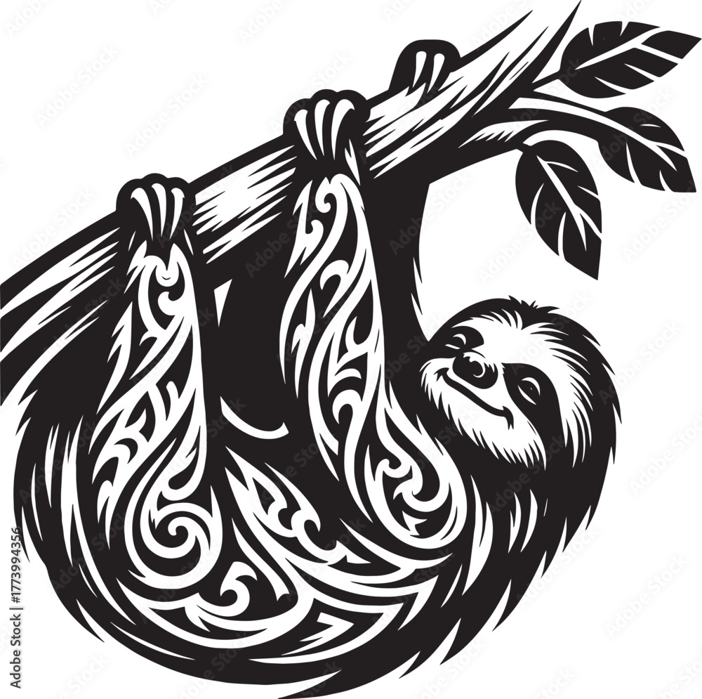 Naklejka premium Artistic Illustration of a Sloth Hanging from a Tree Branch in B