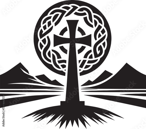 Symbolic Illustration of a Celtic Cross with a Knotwork Halo Ove