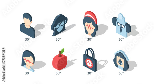 Isometric head silhouettes and apple with accessories at 30 degrees