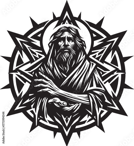 A Detailed Black and White Illustration Depicting a Religious Fi