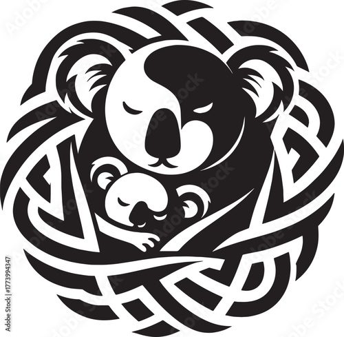 A stylized black and white koala bear and cub design in a Celtic