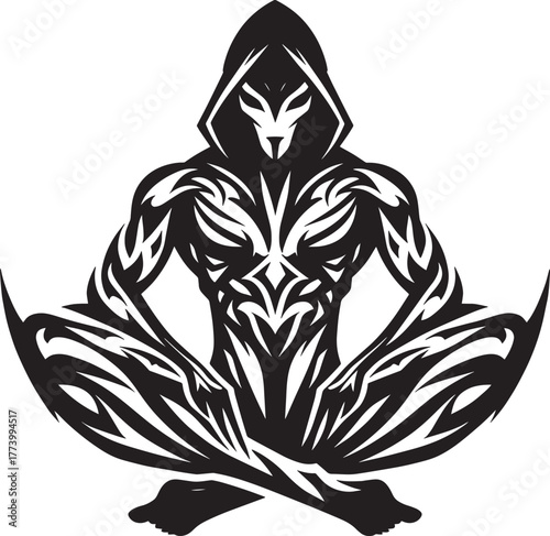 Mysterious hooded figure in a meditative pose, intricate tattoo