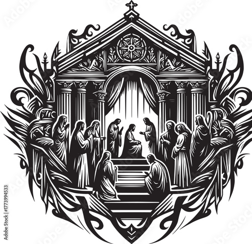 Religious Icon Depicting a Ceremony or Gathering in a Church Set