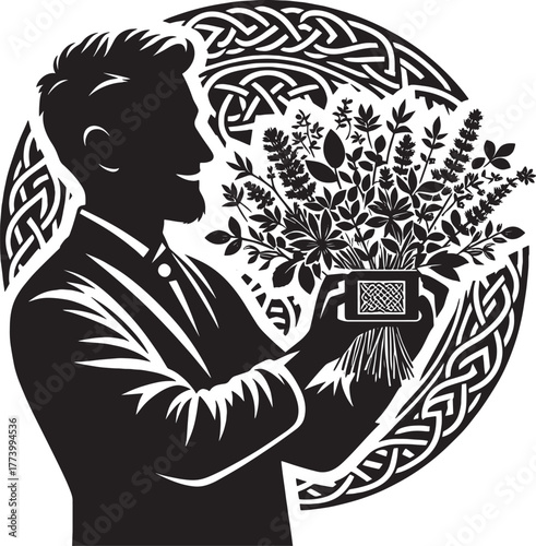 Elegant Silhouette of a Man Holding Herbs and Flowers with Celti
