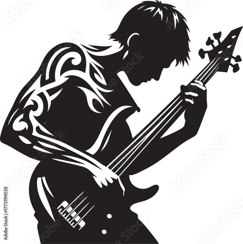 Silhouette of a Musician Playing Bass Guitar with Intricate Tatt
