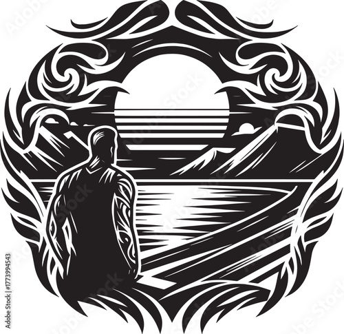 Intricate Vector Illustration of a Person Contemplating Nature i