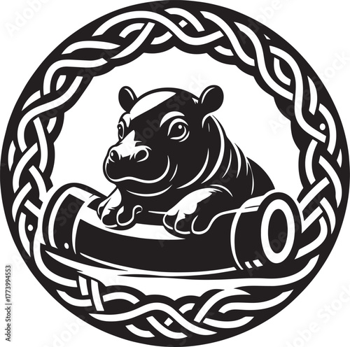 A stylized black and white image of a hippo resting on a log ins