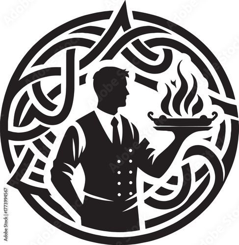 Elegant Black and White Illustration of a Server Holding a Flami
