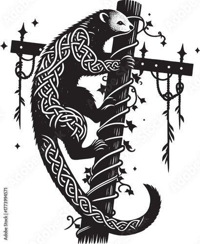 Intricate Black and White Illustration of a Weasel Climbing a Wo