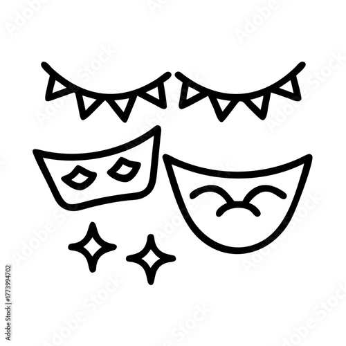 Black and white vector illustration of party decorations and theatrical masks