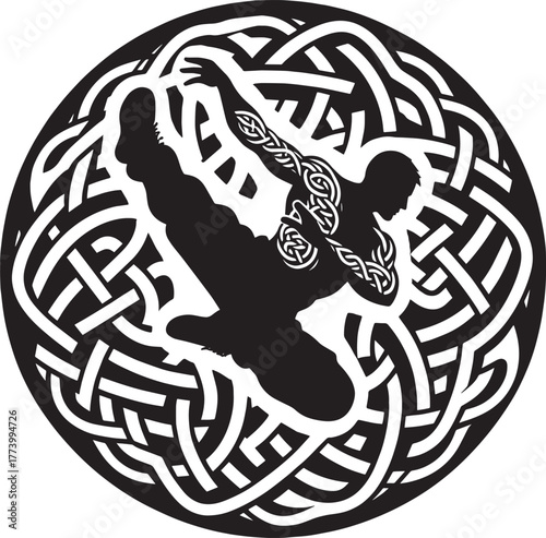 A Silhouette of a Celtic Dancer in a Decorative Knot Circle, Bla