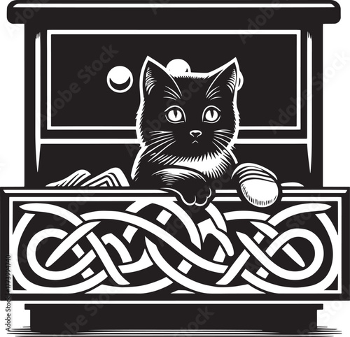 Black and White Illustration of a Curious Cat Peeking Over a Dec