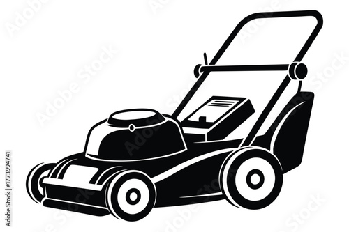 electric lawn mower black and white silhouette on white background