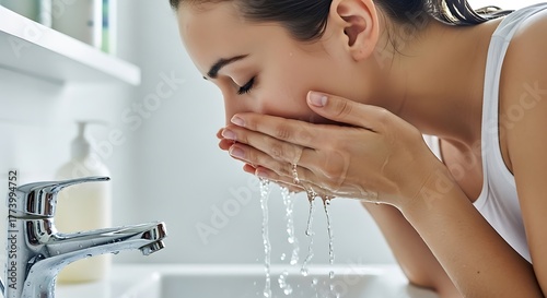 Wallpaper Mural Woman washing her face with clear water in a bright bathroom, emphasizing skincare routine and cleanliness for a healthy and radiant complexion Torontodigital.ca