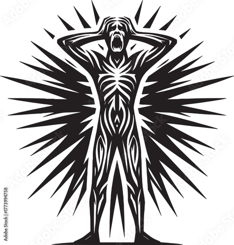 Intense illustration of a screaming person in distress with radi