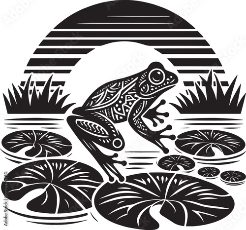 Artistic black and white illustration of a frog on lily pads, wi