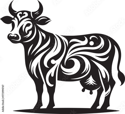 Elegant Black and White Cow Illustration: Decorative Design on a