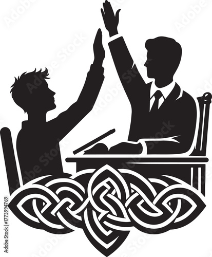 Silhouette illustration of teacher and student giving high five