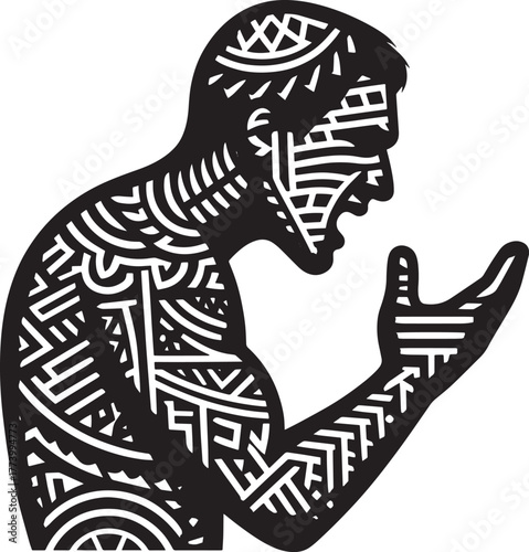 Artwork depicting a screaming person with tribal patterns, expre